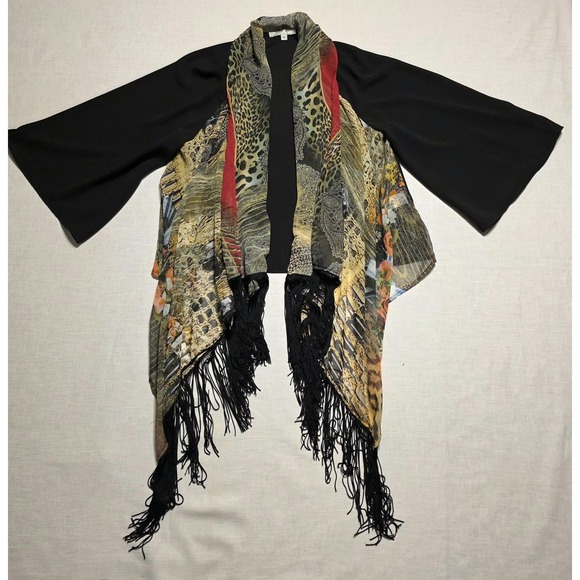 Alberto Makali Tops - Vtg 90s Alberto Makali Kimono Cardigan Womens Small Leopard Floral Fringe Whimsi